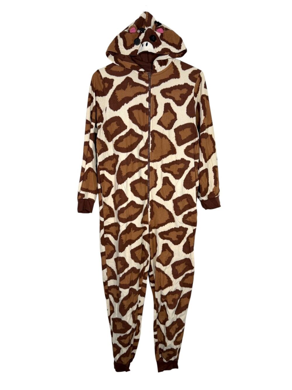Nick & Nora Giraffe One Piece Hooded Pajamas Fleece Sleepwear Womens Medium